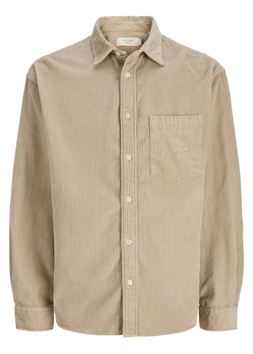 Chemise en coton beige unie avec une coupe droite et un col à revers