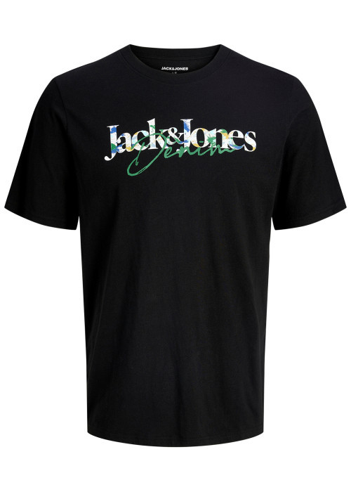 T-shirt en coton noir à imprimé avec une coupe droite et un col rond