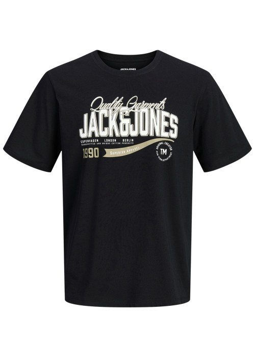 T-shirt en coton biologique noir à imprimé avec une coupe droite et un col rond