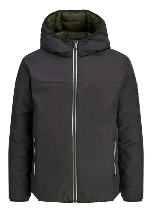 Blouson noir uni avec une coupe droite et un col à capuche