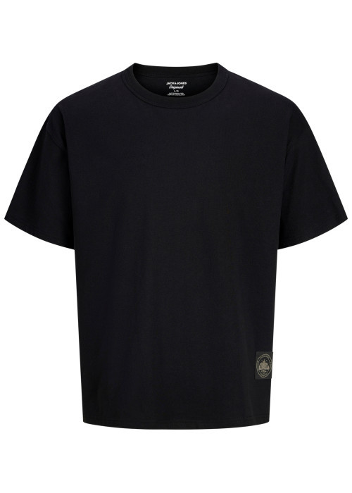T-shirt en coton noir à imprimé avec une coupe droite et un col rond