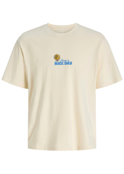 T-shirt en coton biologique écru à imprimé avec une coupe droite et un col rond