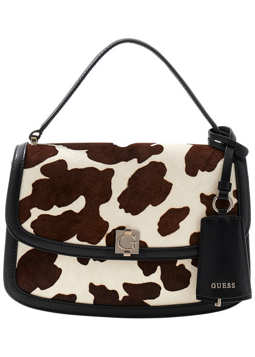 Sac porté mains en cuir noir à motif animalier avec rabat à pression