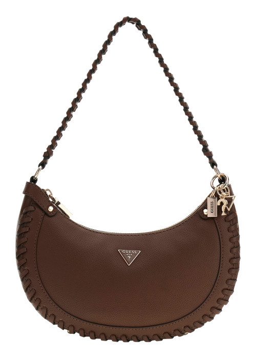 Sac à main porté épaule marron uni avec une anse à bord tressé