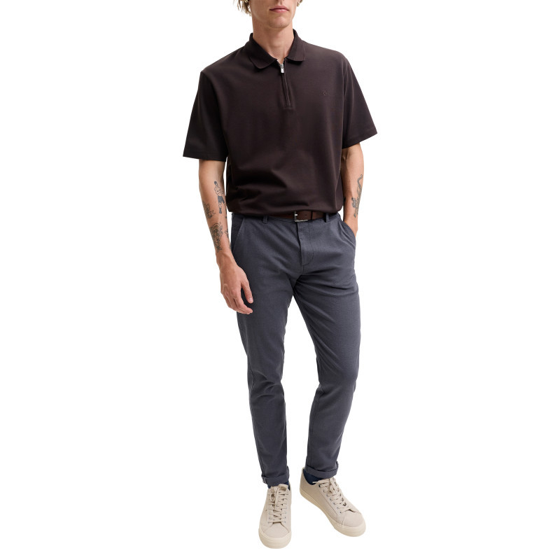 Premium - Pantalon Chino En Coton Marine Uni Avec Une Coupe Slim Et Une Taille Basse - Bleu Foncé