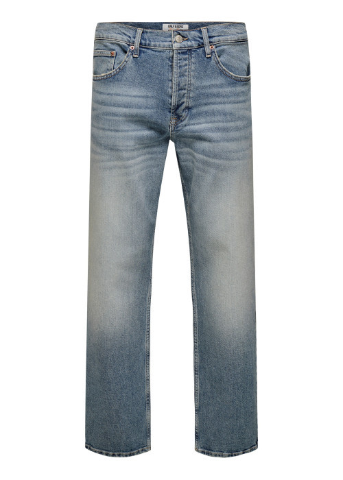 Jean bleu en coton bleu avec une coupe droite muni d'un zip et d'un bouton