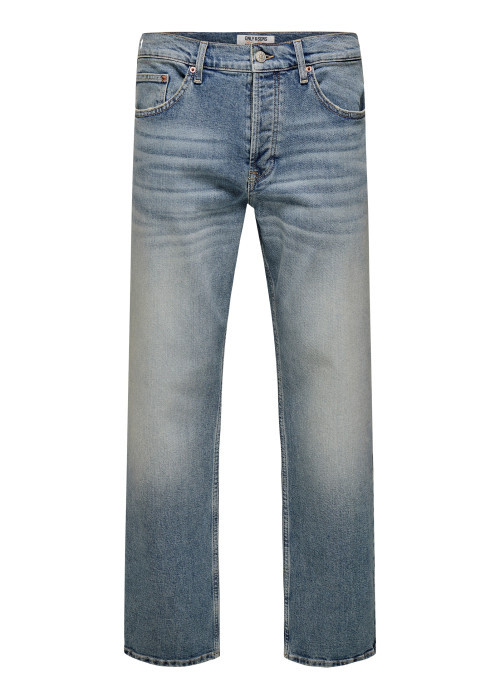 Jean bleu en coton bleu avec une coupe droite muni d'un zip et d'un bouton