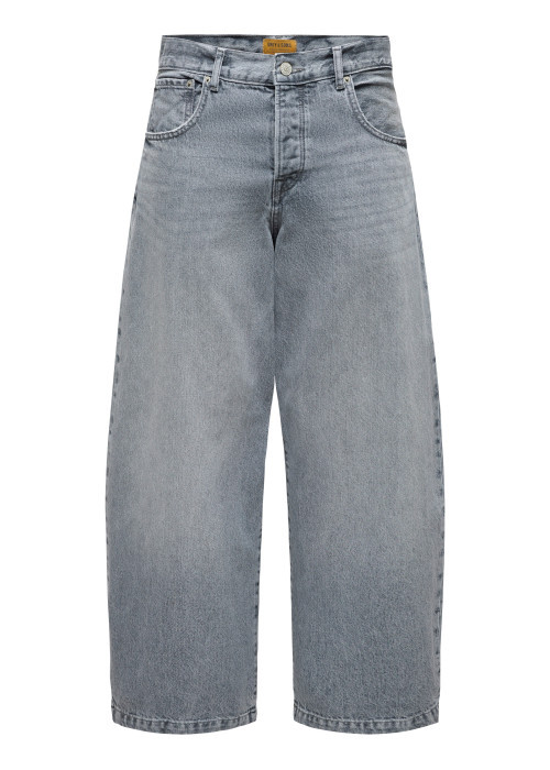 Jean en coton gris avec une coupe wide leg muni d'un zip et d'un bouton
