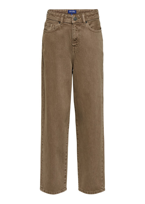 Jean en coton camel uni avec une coupe droite muni d'un zip et d'un bouton
