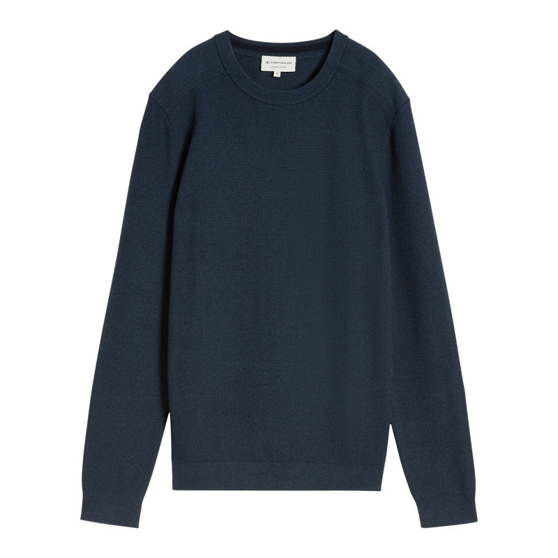 Tom Tailor - Pull En Coton Bleu à Coupe Ajustée Pourvu D'un Col Rond Côtelé - Bleu Tom Tailor - Pull En Coton Bleu à Coupe Ajustée Pourvu D'un Col Rond Côtelé - Bleu