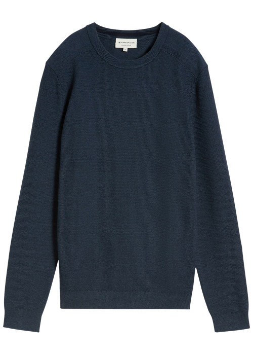 Pull en coton bleu à coupe ajustée pourvu d'un col rond côtelé
