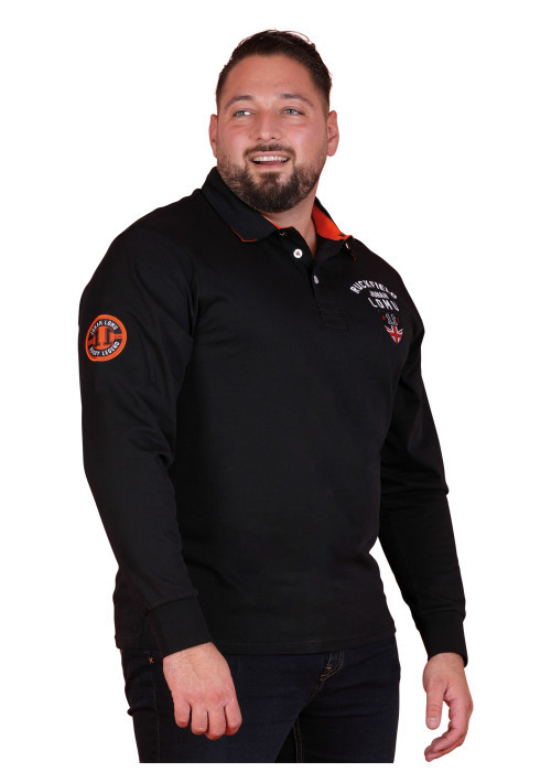 Polo en coton biologique noir à imprimé avec une coupe droite et un col à revers