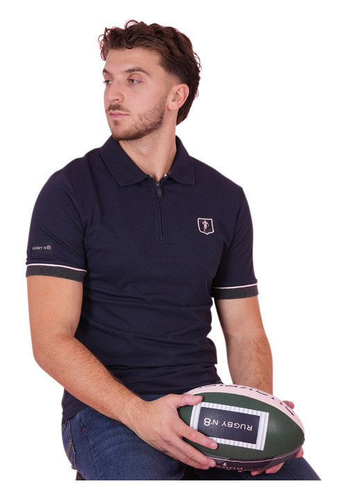 Polo en coton marine à imprimé avec une coupe droite et un col à revers zippé