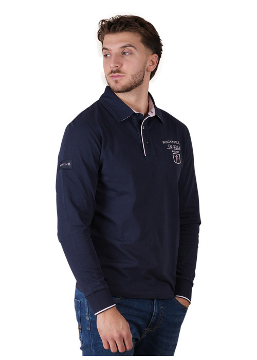 Polo en coton marine à imprimé avec une coupe droite et un col à revers