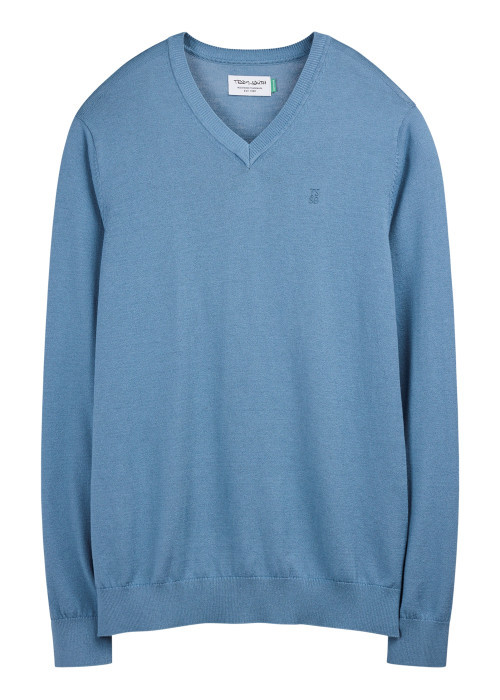 Pull bleu uni avec une coupe droite et des manches courtes