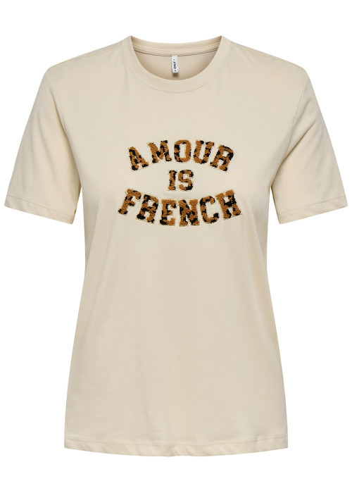 T-shirt en coton biologique beige imprimé avec une coupe droite