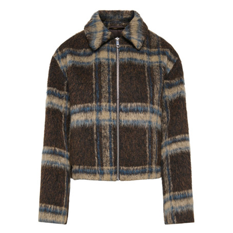Veste marron à carreaux avec une coupe droite...