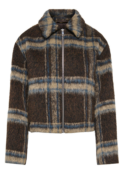 Veste marron à carreaux avec une coupe droite...