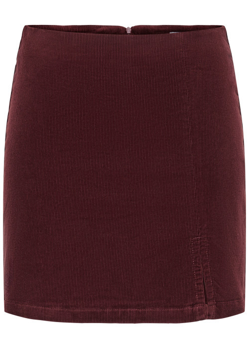 Jupe courte en coton bordeaux uni avec une coupe droite et une fente ouverte