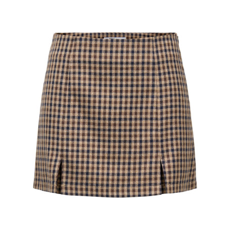 Jupe courte beige à carreaux avec une coupe...