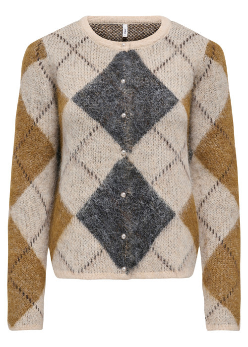 Pull beige à carreaux avec une coupe droiteet des manches longues