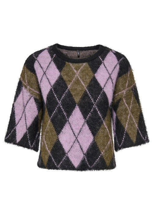 Pull multicolore à carreaux avec une coupe droite et des manches 3/4