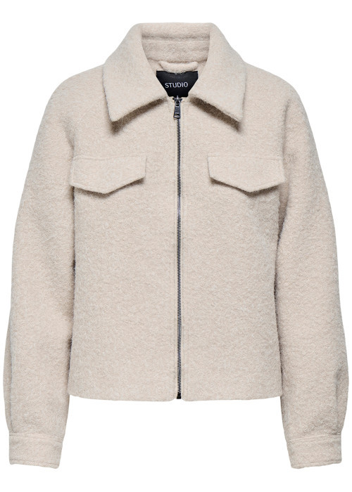 Veste écru uni coupe droite avec un col à revers et des manches longues