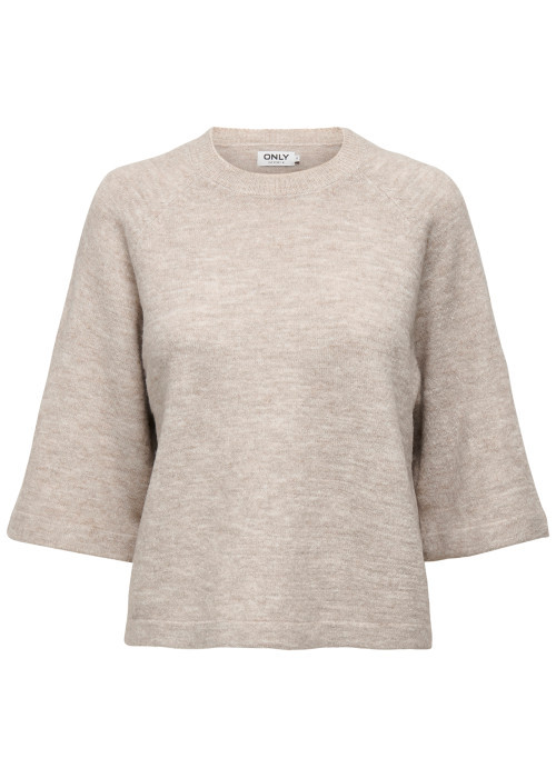 Pull beige uni avec un col rond bord côte et...