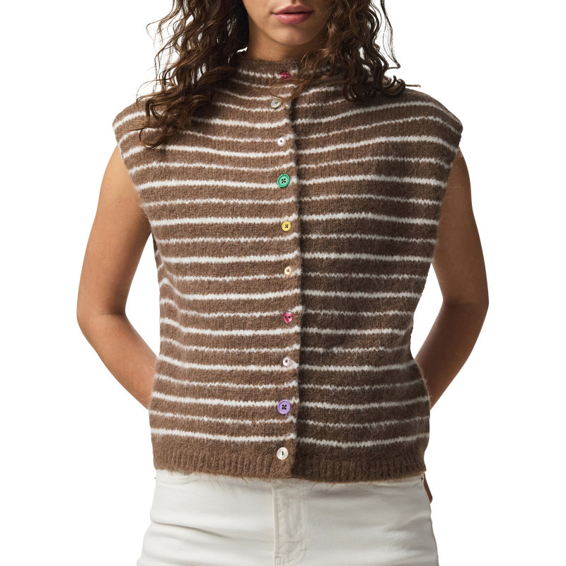 Pieces - Gilet Marron à Rayures Avec Une Coupe Droite Et Un Col Montant - Marron Pieces - Gilet Marron à Rayures Avec Une Coupe Droite Et Un Col Montant - Marron