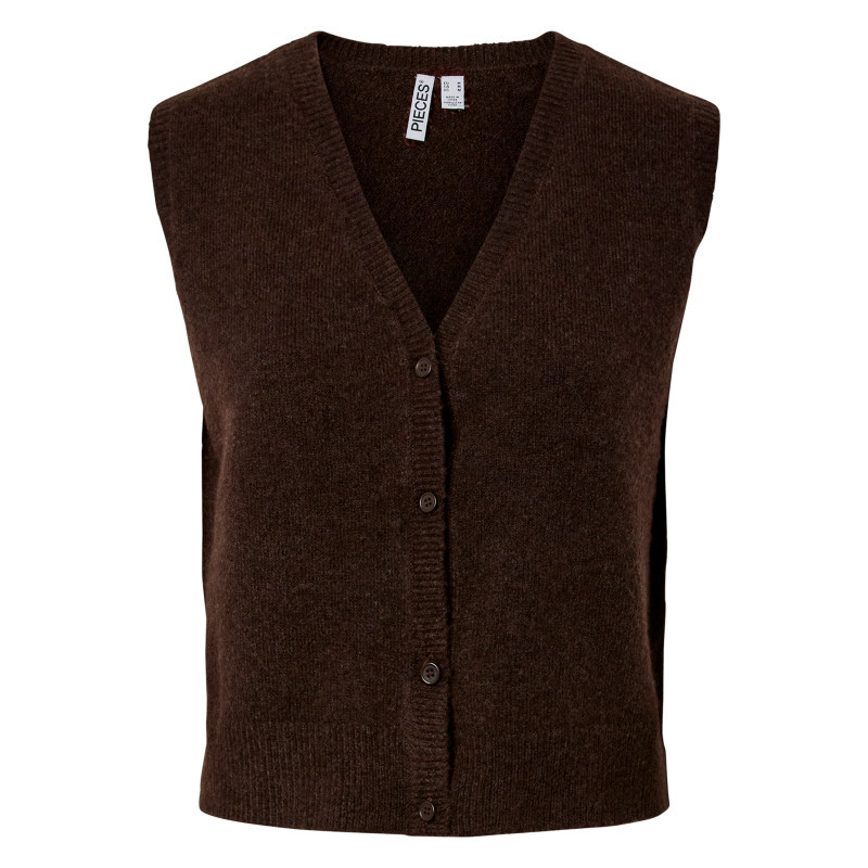 Pieces - Gilet Marron Uni Pourvu De Boutons Avec Une Coupe Droite Et Un Col V - Marron Pieces - Gilet Marron Uni Pourvu De Boutons Avec Une Coupe Droite Et Un Col V - Marron
