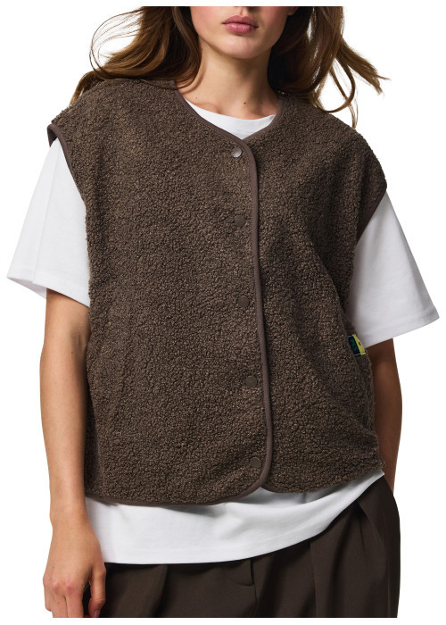 Gilet taupe uni à coupe droite avec un col V et une fermeture à pressions
