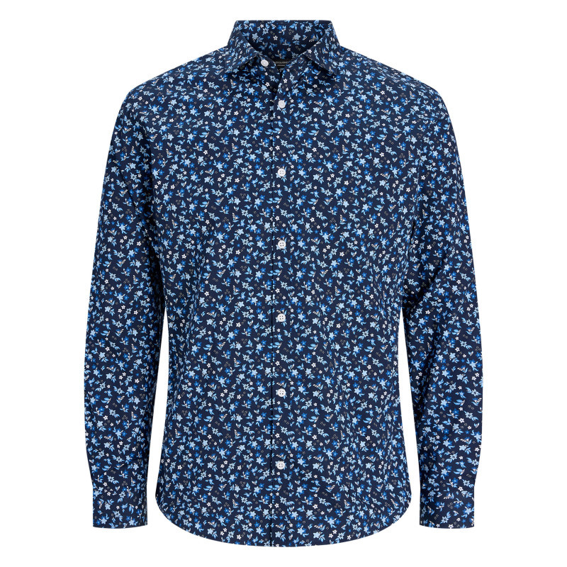 Premium - Chemise En Coton Marine Floral Avec Une Coupe Slim Et Un Col à Revers - Bleu Foncé Premium - Chemise En Coton Marine Floral Avec Une Coupe Slim Et Un Col à Revers - Bleu Foncé