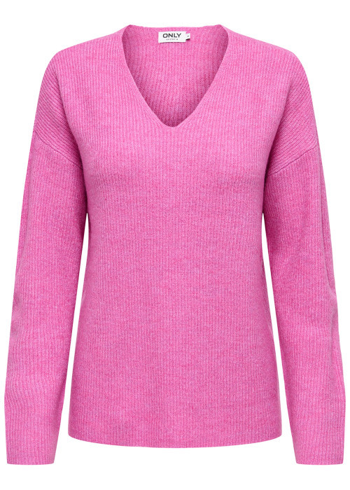 Pull rose uni avec une coupe droite un col V et des manches longues