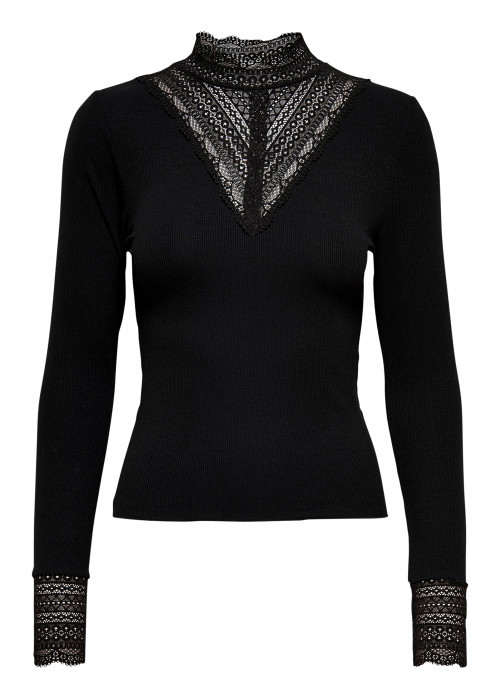 Top noir uni avec une coupe ajustée et de la dentelle au col