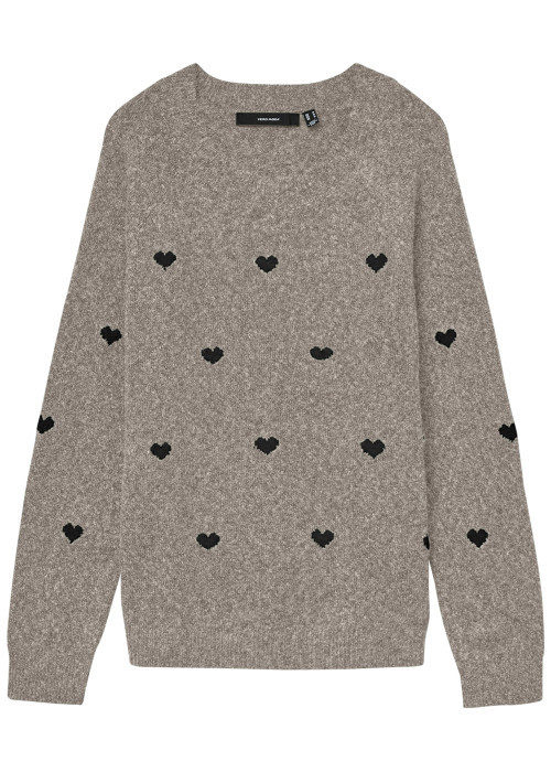 Pull taupe à motifs coupe ajustée col rond et à manches longues