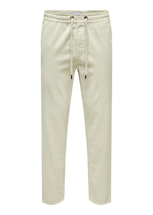 Pantalon chino en coton écru uni avec une coupe droite et une taille élastiquée