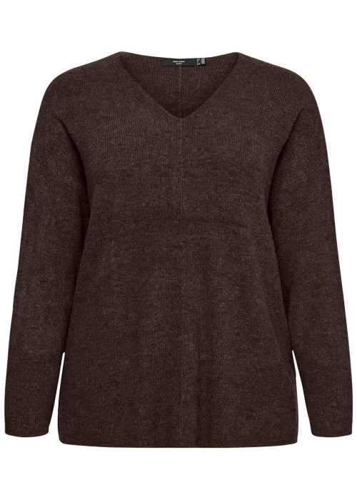 Pull marron à coupe droite pourvu d'un col v et de manches longues