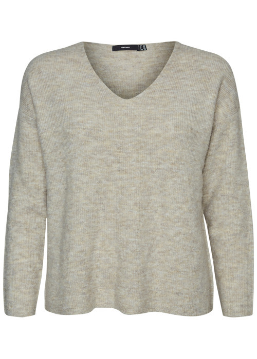 Pull écru à coupe droite pourvu d'un col v et de manches longues