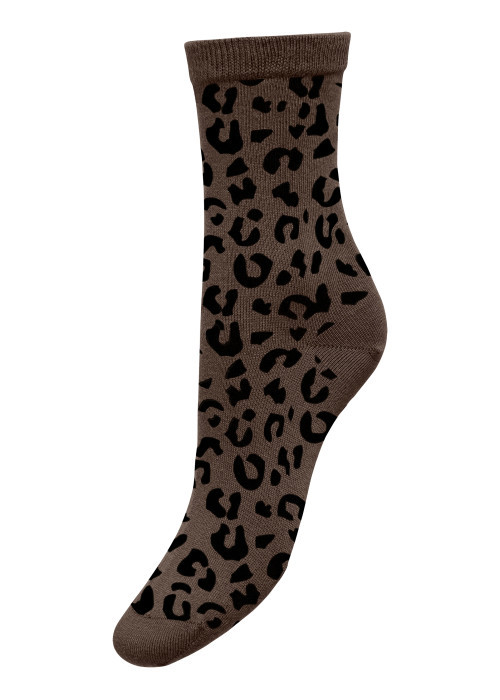 Chaussettes hautes en coton mélangé marron à motifs léopard