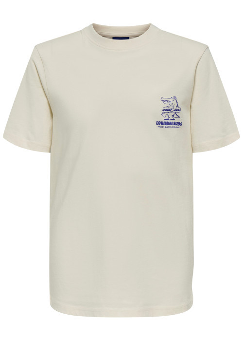 T-shirt en coton écru à imprimé avec une coupe droite et un col rond