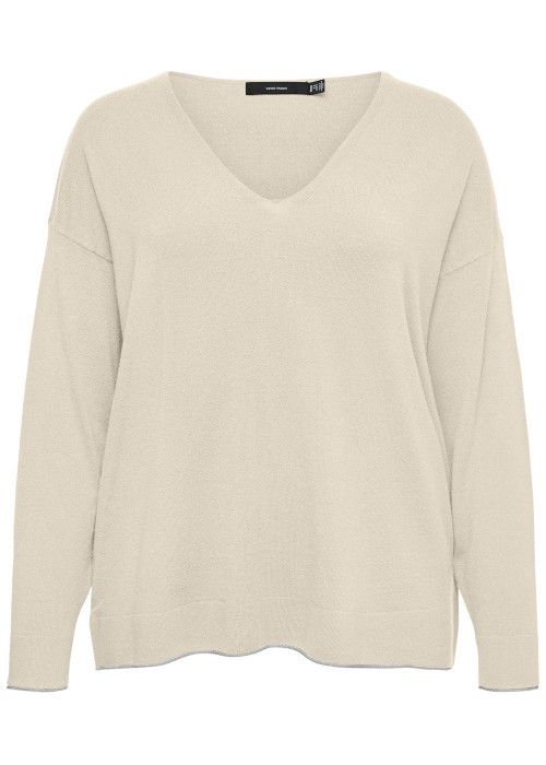 Pull écru à coupe ample pourvu d'un col v et de manches longues