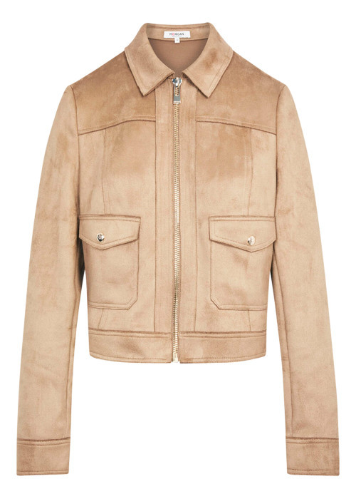 Blouson taupe à coupe droite pourvu d'un col à revers et de manches longues