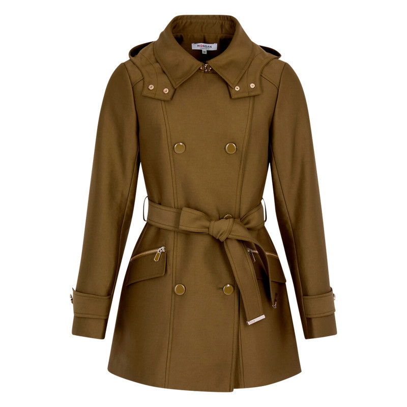 Morgan - Trench Coat Kaki à Coupe Ajustée Pourvu D'un Col à Capuche Boutonné - Vert