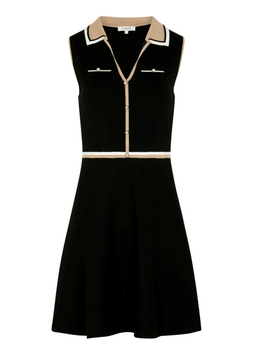 Robe courte noire sans manche à coupe ajustée pourvue d'un col à revers