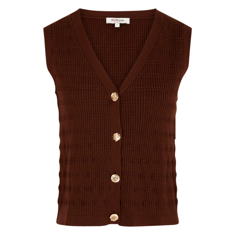 Morgan - Gilet Texturé Marron Sans Manche à Coupe Droite Pourvu D'un Col V - Marron Morgan - Gilet Texturé Marron Sans Manche à Coupe Droite Pourvu D'un Col V - Marron