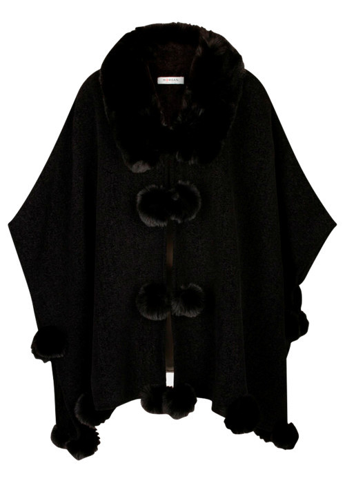 Poncho noir à coupe ample pourvu d'un col v et de liens à nouer