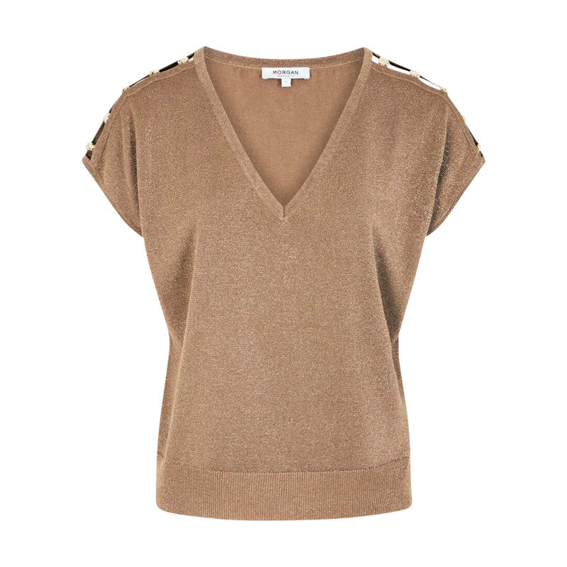 Morgan - Top Taupe à Coupe Droite Pourvu D'un Col V Et De Manches Courtes - Beige