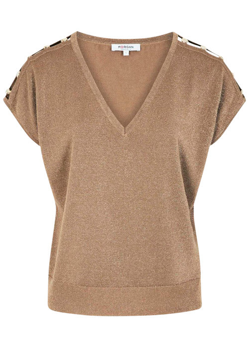 Top taupe à coupe droite pourvu d'un col v et de manches courtes