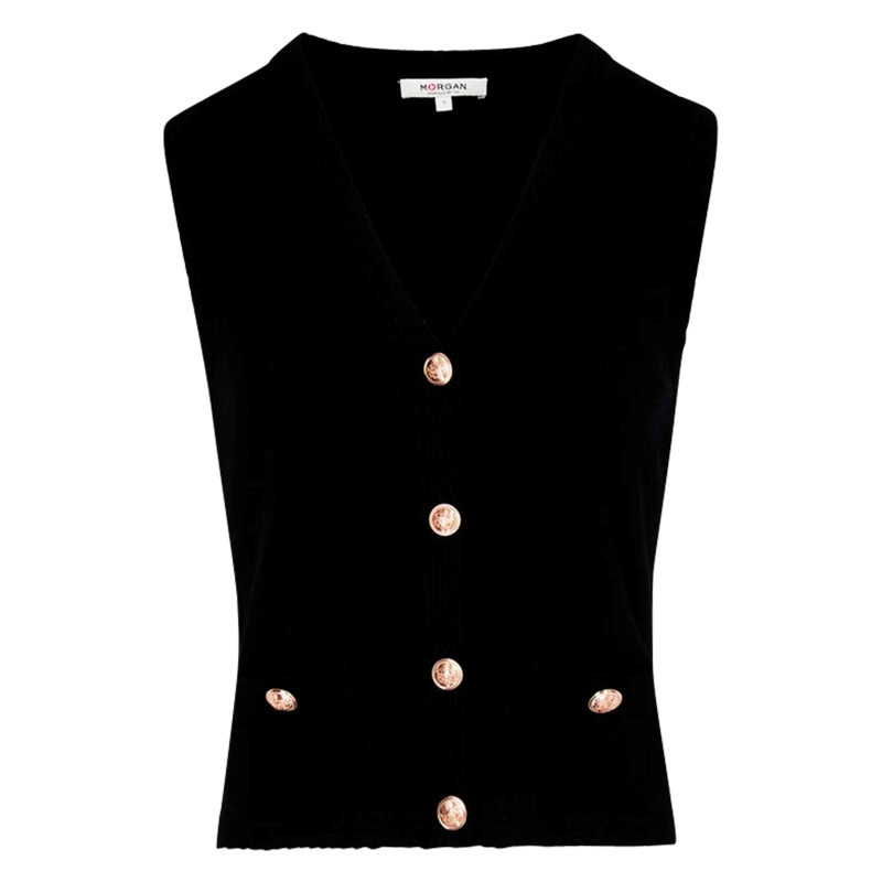 Morgan - Gilet Noir Sans Manche à Coupe Droite Pourvu D'une Maille Finement Côtelée - Noir Morgan - Gilet Noir Sans Manche à Coupe Droite Pourvu D'une Maille Finement Côtelée - Noir