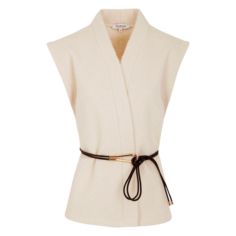 Morgan - Gilet écru Effet Bouclettes Sans Manche à Coupe Droite Pourvu D'un Col Châle - Beige